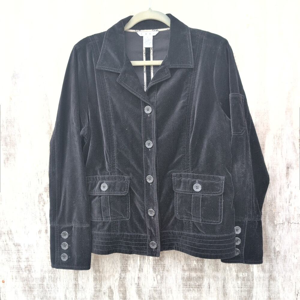 Cabi 649 Velvet Lapel Button Up Jacket 100% Cotton Black Women's Large